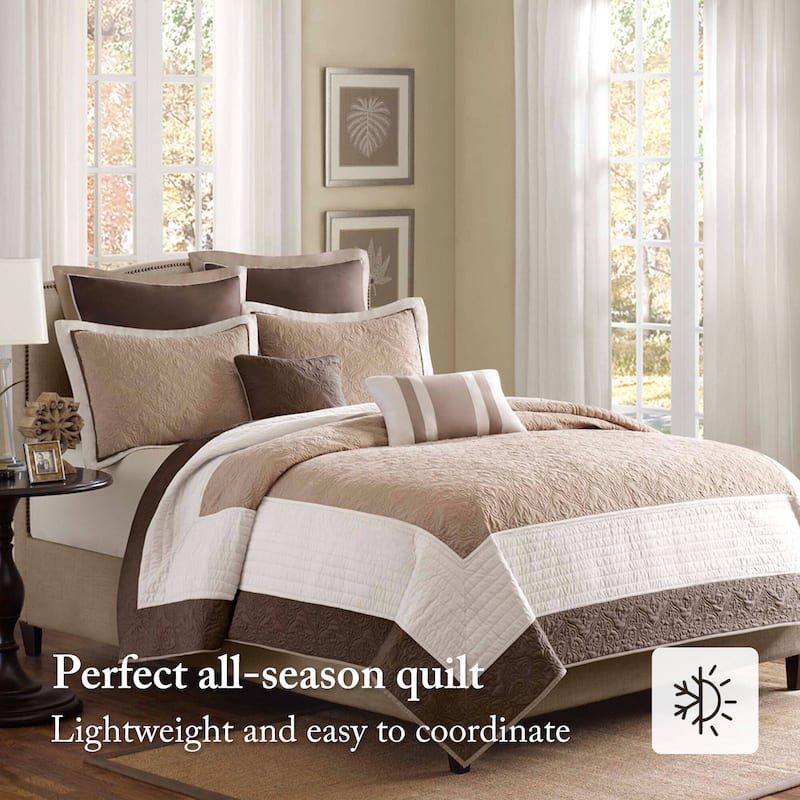 Madison Park Danville Beige 7 Piece Quilt Set with Euro Shams and Throw Pillows
