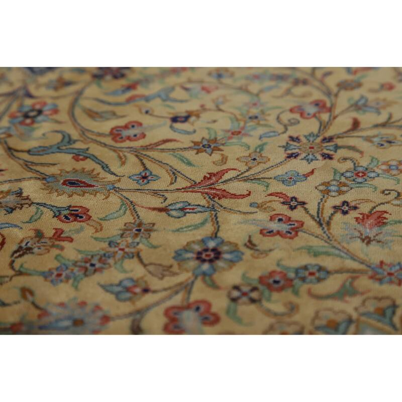 Hand Knotted Oriental 100% Silk Carpet Traditional Floral Yellow & Gold Qum Area Rug - 10' 2'' X 6' 5''