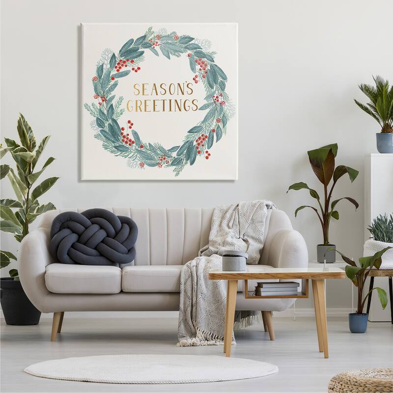 Stupell Winter Foliage Red Holly Wreath Season's Greetings Typography Canvas Wall Art - Green