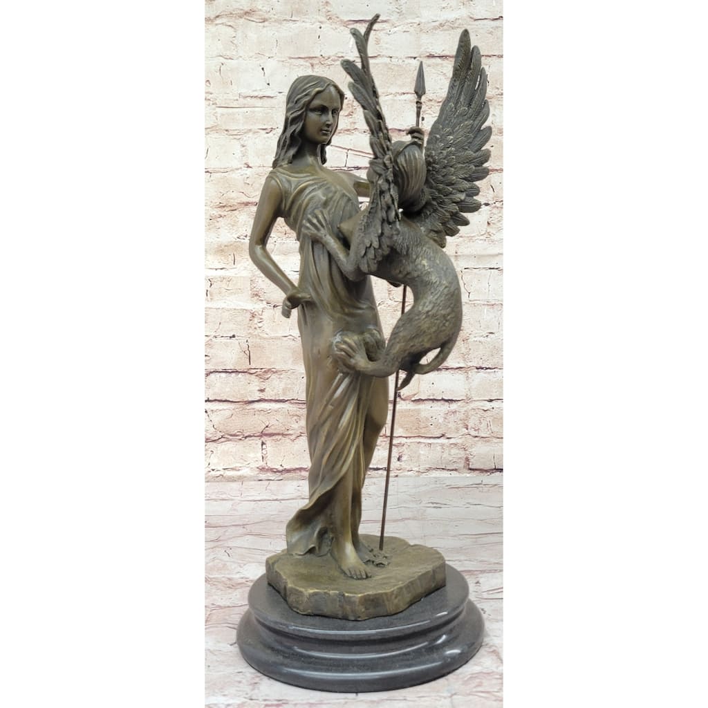 Mythical Griffin Woman W/ Spear Bronze Statue Sculpture Figure Marble Base 18 Inchesx 9 Inches
