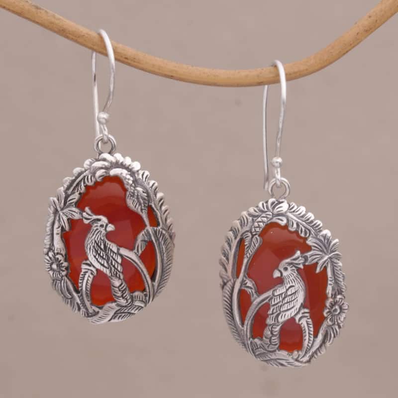 Handmade Sterling Silver 'Cockatoo Garden' Carnelian Earrings (Indonesia) - 1.5L*0.7W