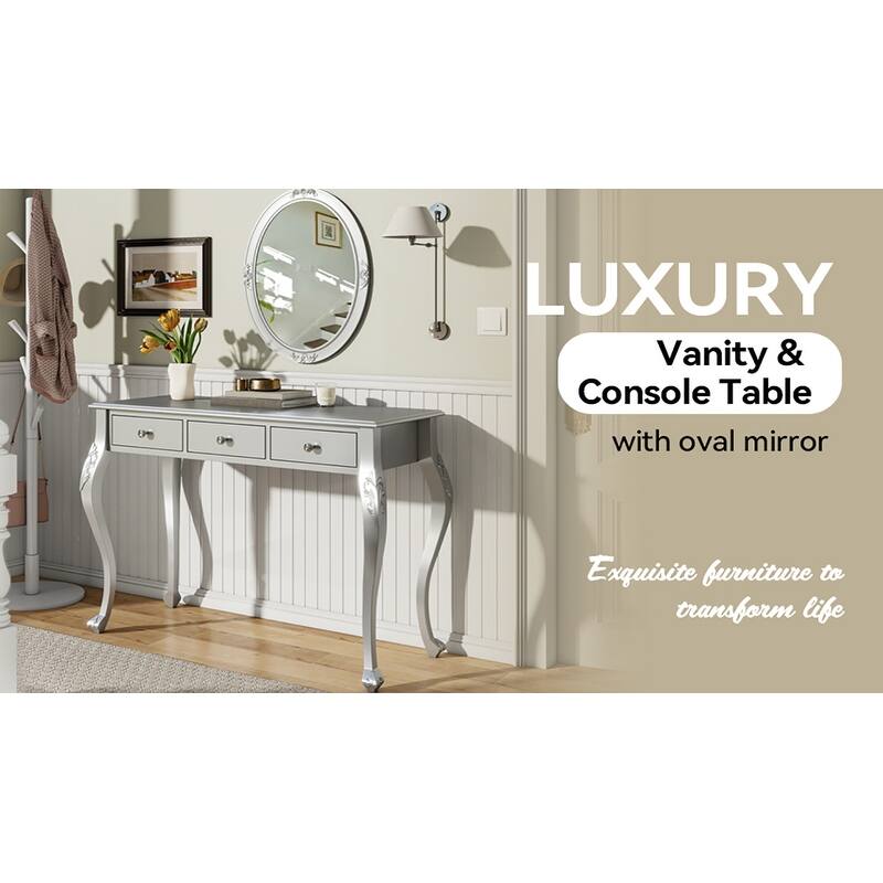 Luxury Makeup Vanity Desk with Oval Mirror, 3-Drawer Dressing Table