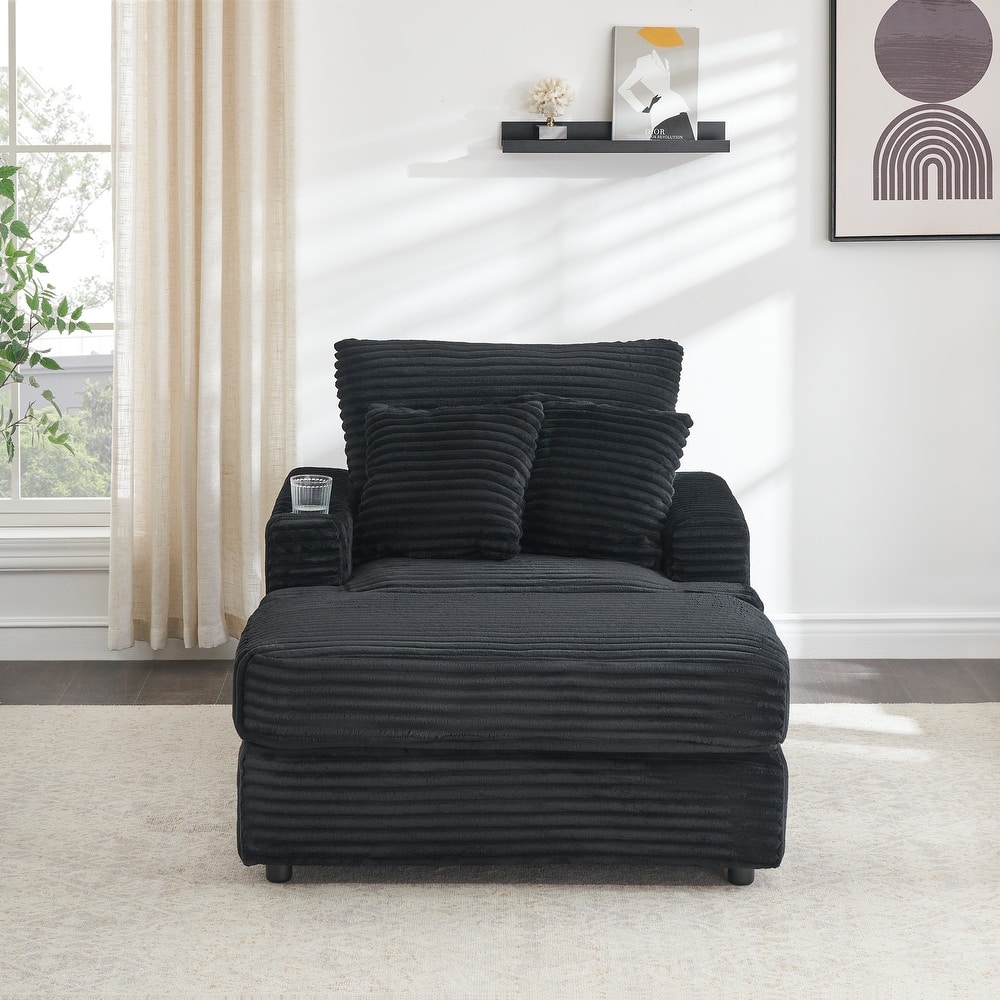 Black Corduroy Armchair Sofa with Ottoman and Cup Holder