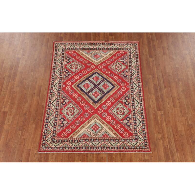 Geometric Kazak Area Rug Hand-Knotted Oriental Wool Carpet - 4'10" x 6'6"
