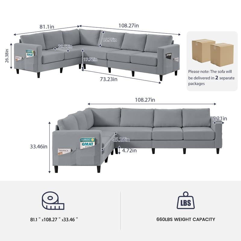 Mixoy 108" Linen Oversized Modular Sectional Sofa,L-Shaped Sectional Sofas with Side Pocket,Large 6 Seater Corner Sofa