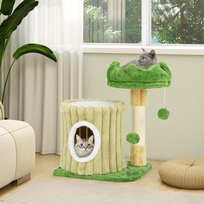 Cute Cat Tree with Sisal Scratching Posts and Dangling Ball - 20" x 16" x 21.5" - Green-Yellow