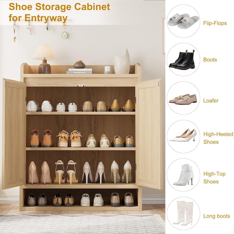 Rattan Shoe Cabinet with 2 Doors, 5-Tier Wooden Shoe Storage Organizer