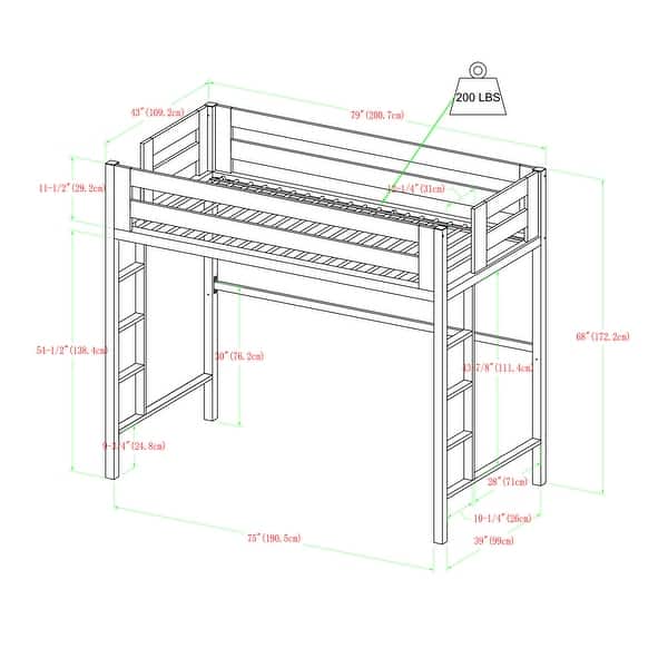 dimension image slide 0 of 2, Walker Edison Browning Mint Metal Modern Twin Loft Bed