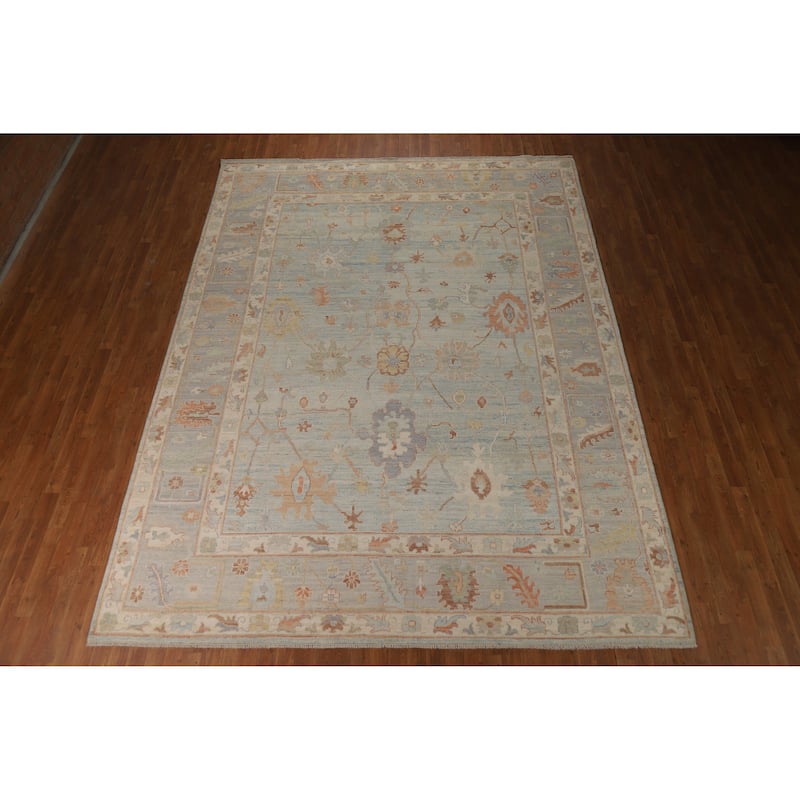Blue Vegetable Dye Oushak Turkish Rug Hand-Knotted Floral Wool Carpet - 9'2"x 12'3"