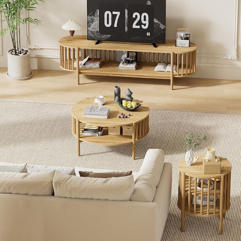 Modern Wood Nightstand with Open Storage, Round End Table for Living Room, Bedroom