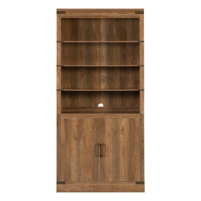 83.4" Modern Bookshelf with Doors, Farmhouse Bookcase with 3-Tier Adjustable Shelves, LED Light Display Cabinet for Living Room