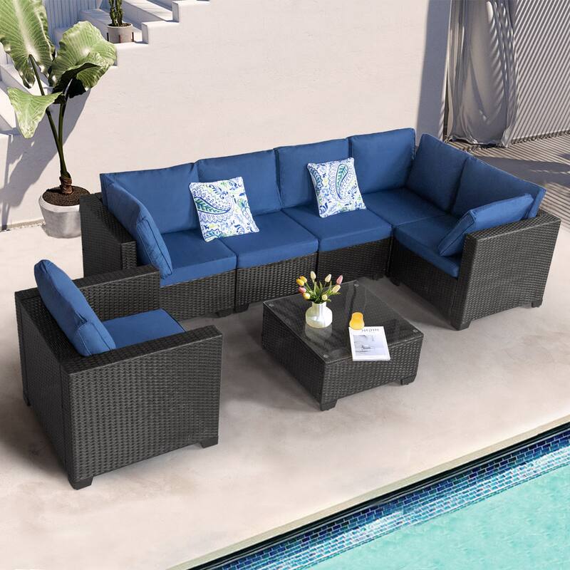7 Pieces Outdoor Patio Furniture Set Sectional Rattan Sofa Brown Manual Wicker Patio Conversation Set - Black+Blue