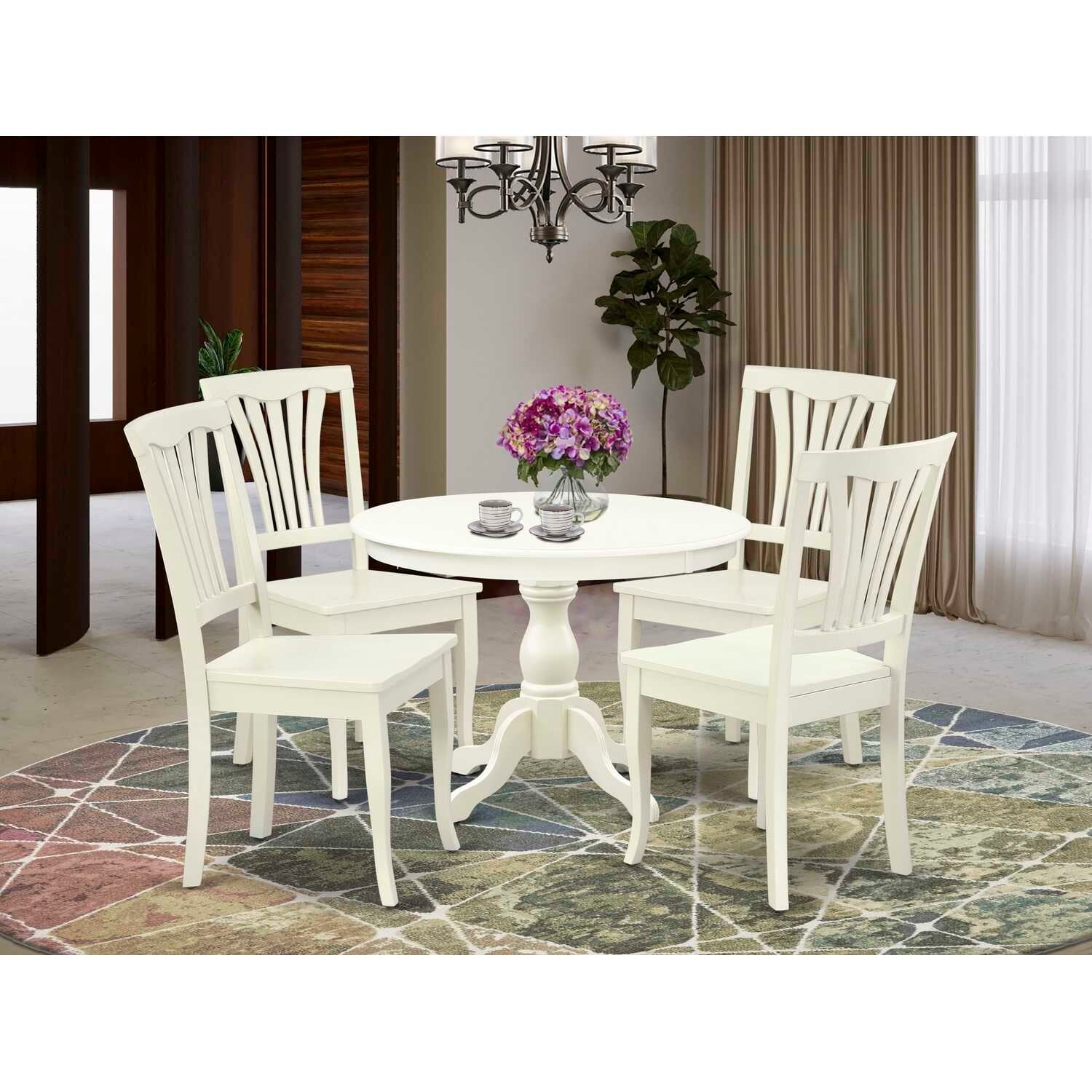 HomeStock 5-Pc Linen White Finish Solid Wood Top Dining table with 4 Chairs with Slat Back