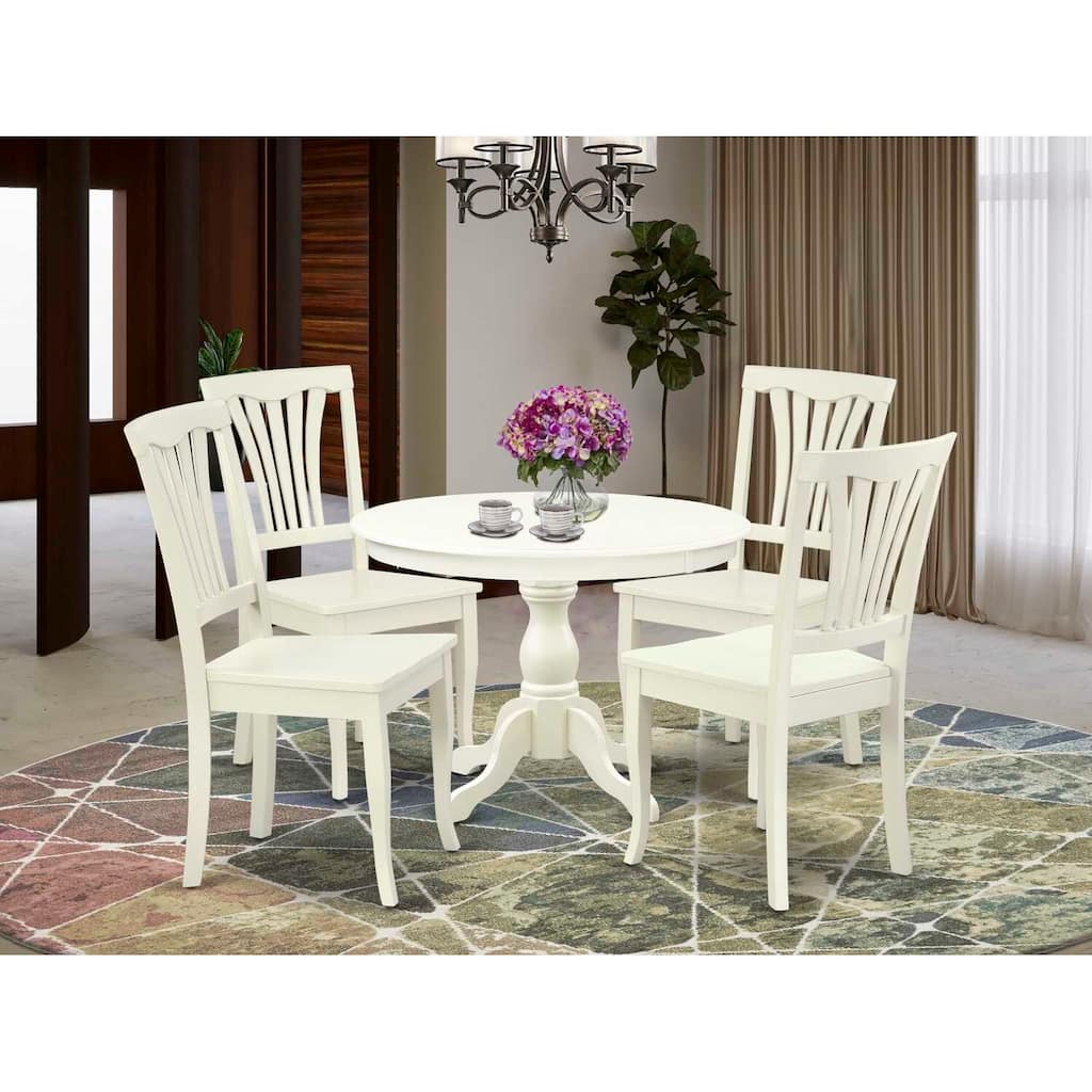 HomeStock 5-Pc Linen White Finish Solid Wood Top Dining table with 4 Chairs with Slat Back
