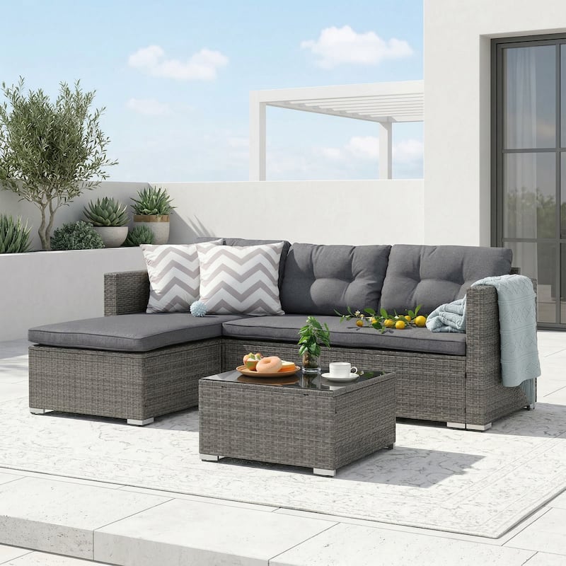L-Shaped Outdoor Sectional Sofa, PE Wicker Patio Sofa Set with Table and Cushions - Grey