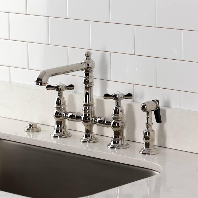 Kingston Brass Essex Two-Handle 4-Hole Deck Mount Bridge Kitchen Faucet with Brass Side Sprayer
