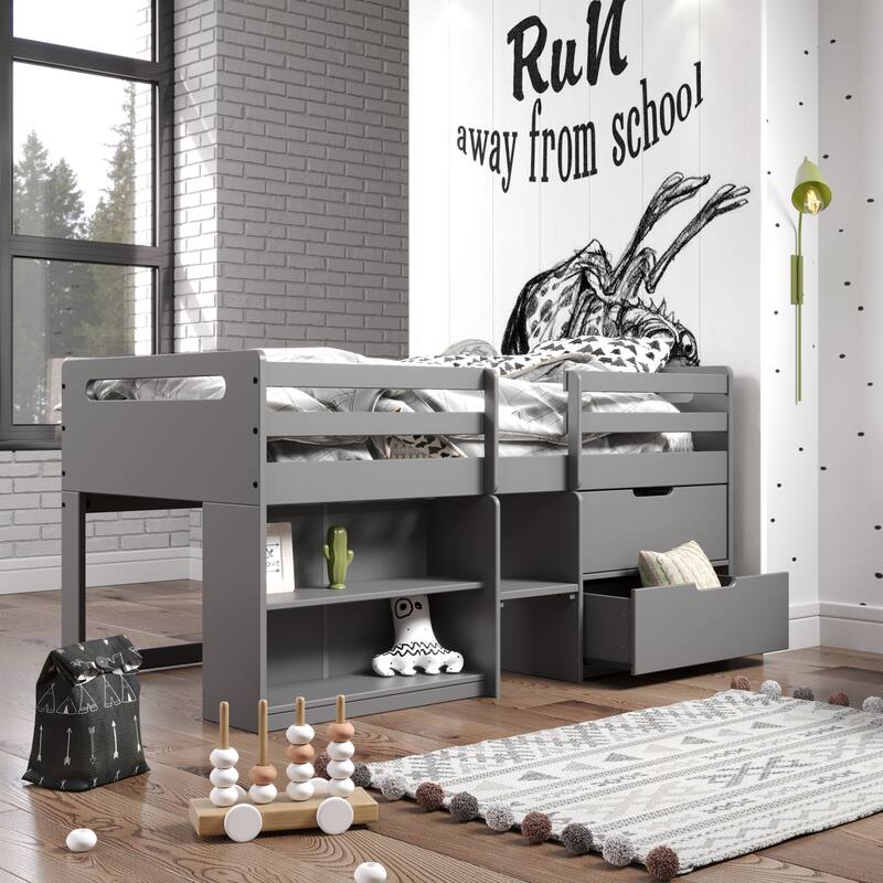 Twin Size Solid Wood Loft Bed with Storage and Fence