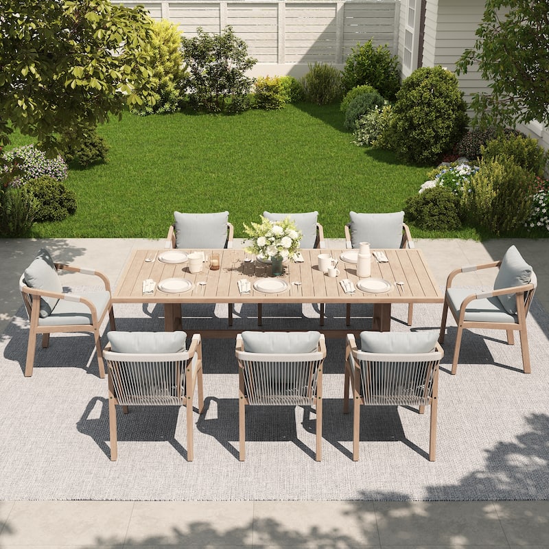 Outdoor Rope Dining Chair and Wood Dining Table Set of 9