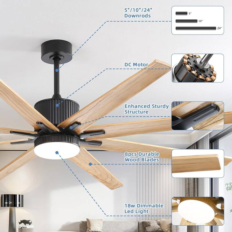 76-Inch Black Indoor Ceiling Fan with LED Light & Smart Remote - 76