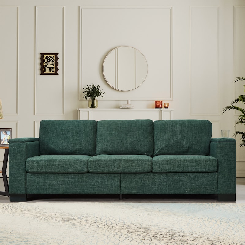 Fabric Upholstered 3 Seater Couch Deep Seat Storage Lounge Sofa with Square Arm and Cup Holders for Living Room - Green