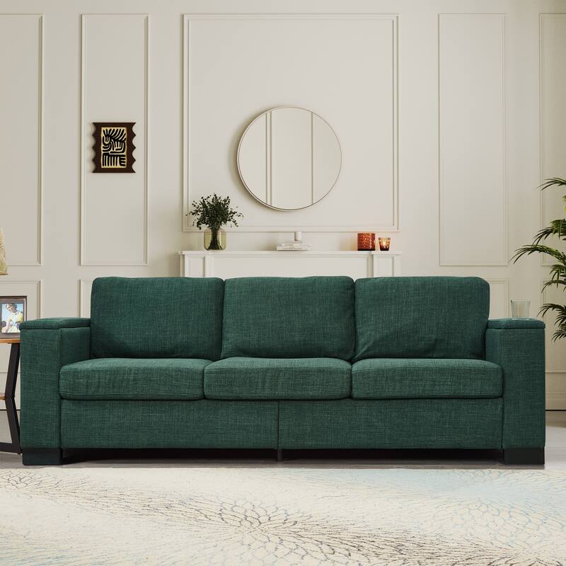Roomfitters 93.7" Modern Sofa with Square Armrests, Upholstered Fabric Couch with Cup Holder and Storage for Living Room