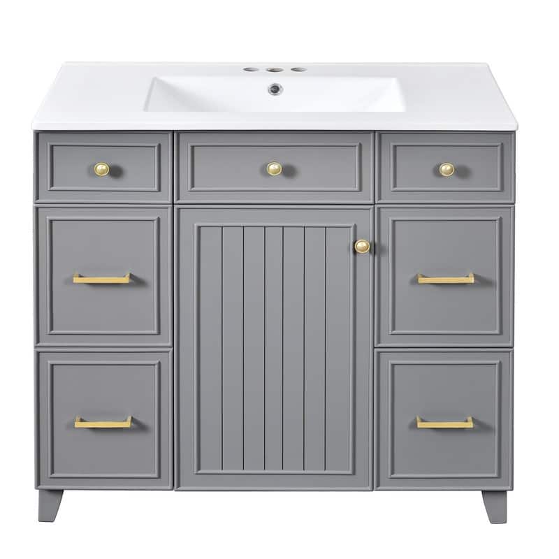 36" Wood Vanity with Ceramic Sink, Soft-Close Doors, Shelves, and Deep Drawers for Storage. - Grey