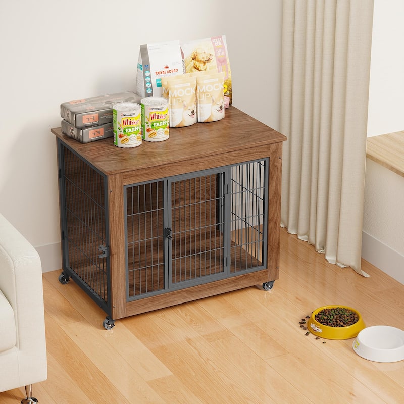 32.5" Dog Crate Furniture with Wheels for Small Dogs, Heavy Duty Dog Kennel Indoor with 2 Doors, Dog Cage for Anxiety Dog - Brown