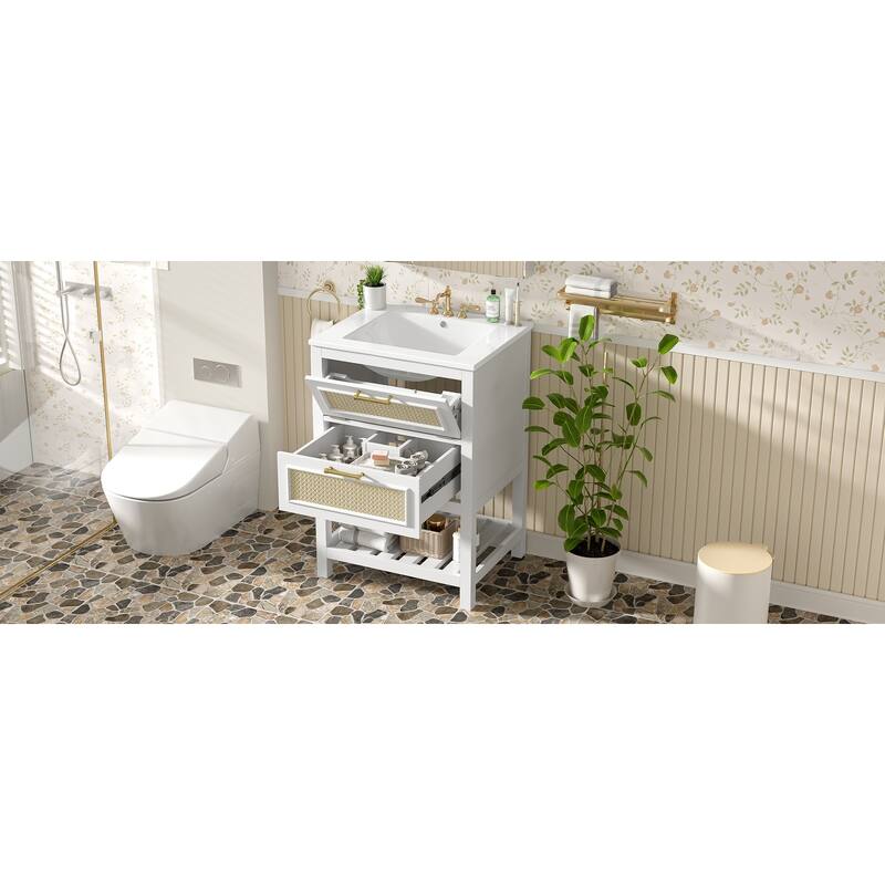 24"Bathroom Vanity with Integrated Ceramic Sink,Bathroom Cabinet with 1 Deep Drawer,1 Tip-Out Drawer,Single Sink Bathroom Vanity