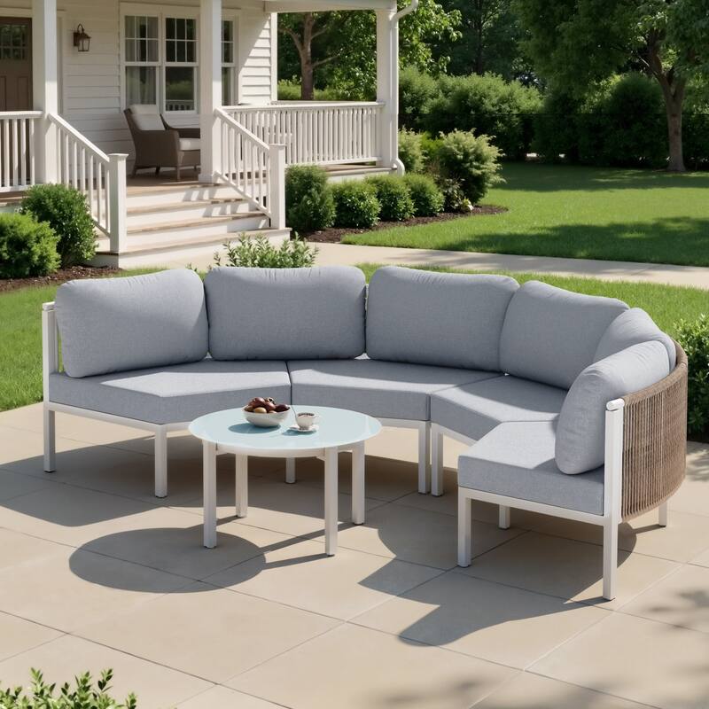 Outdoor Patio Furniture All-Weather Aluminum PE Rattan Wicker Half Round Curved Sofa Sectional Set - 4-Seats+1-Table - Light Grey