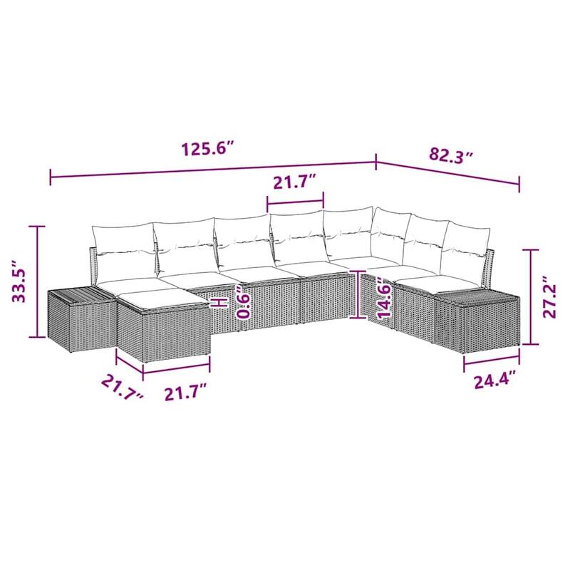 vidaXL 9 Piece Garden Sofa Set with Cushions Black Poly Rattan - 82 x 126 x 27 in