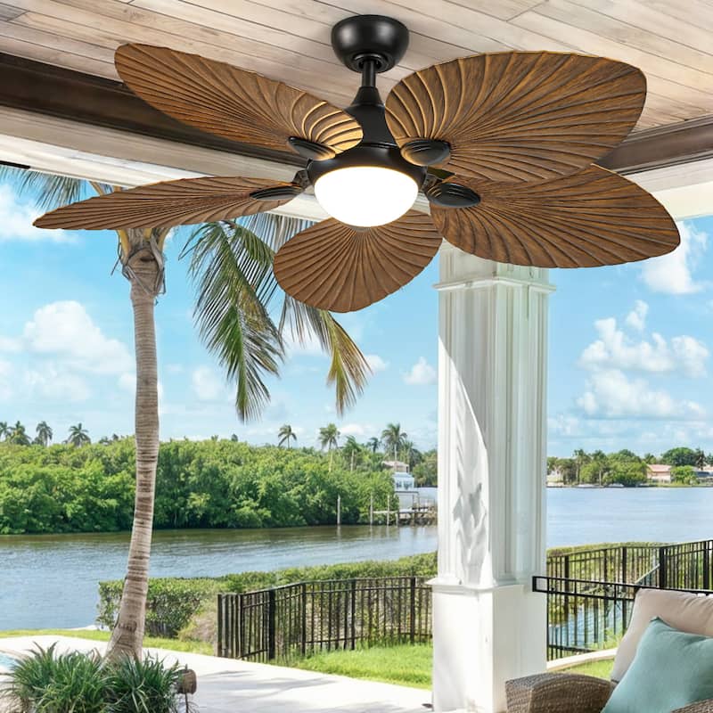 Silent Operation Tropical Ceiling Fan - 52 Inch, DC Motor, 6-Speed, Remote Control faux wood grain palm leaf blades - 52" - Brown