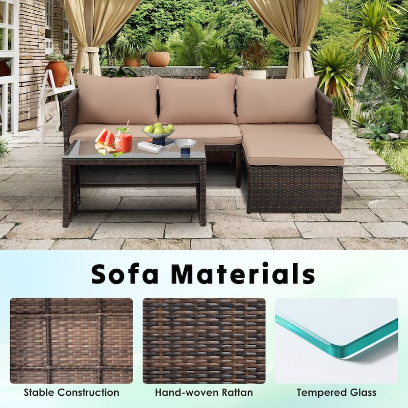 3-Piece Outdoor Rattan Furniture Set Patio Wicker Conversation Loveseat Sofa Sectional Couch Cushion