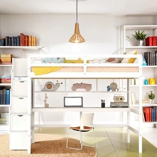 Full Size Pine Wood Loft Bed with Desk and Shelves, Maximum Storage ...