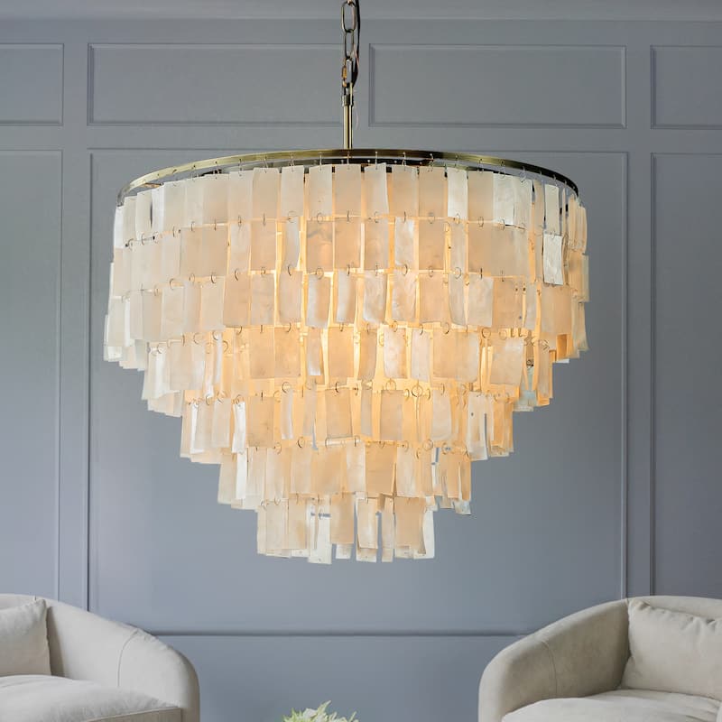 Elegant Coastal Tiered Capiz Shell Chandelier In Bronze Farmhouse Natural Seashell Light Fixtures For Dining Room