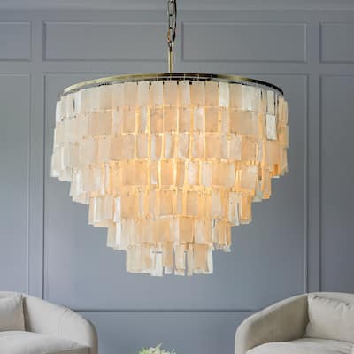 Elegant Coastal Tiered Capiz Shell Chandelier In Bronze Farmhouse Natural Seashell Light Fixtures For Dining Room