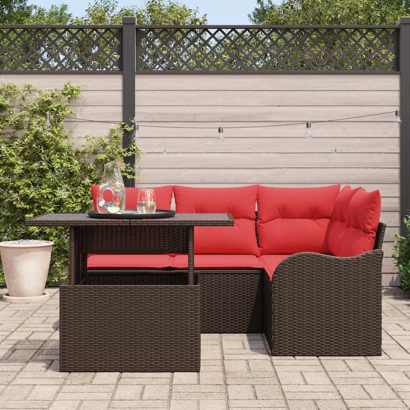 vidaXL 5 Garden Sofa Set with Cushions Black/Brown/Grey Poly Rattan - 69.9 x 48.2 x 27.2