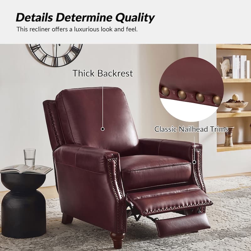 Cigar Mid-century Modern Genuine Leather Recliner with Nailhead Trim by HULALA HOME