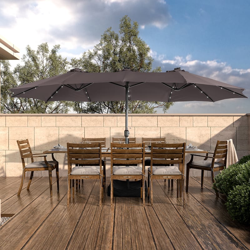 Clihome 15FT Double-Sided Solar Light Market Crank Umbrella with Base - Coffee