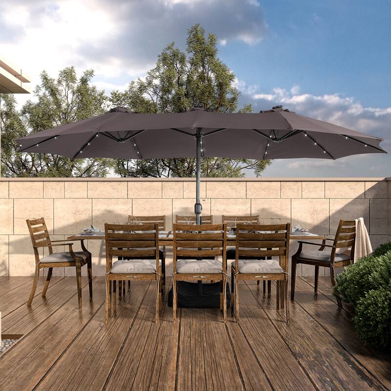 Clihome 15FT Double-Sided Solar Light Market Crank Umbrella with Base - Coffee