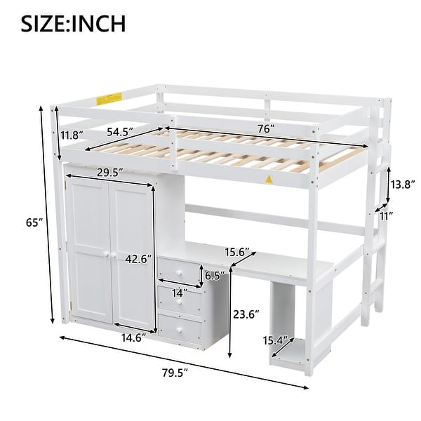 dimension image slide 0 of 2, Full Size Loft Bed with Wardrobe, Desk, Drawers, and Open Storage Cabinet, Multi-Functional Space-Saving Design, Gray