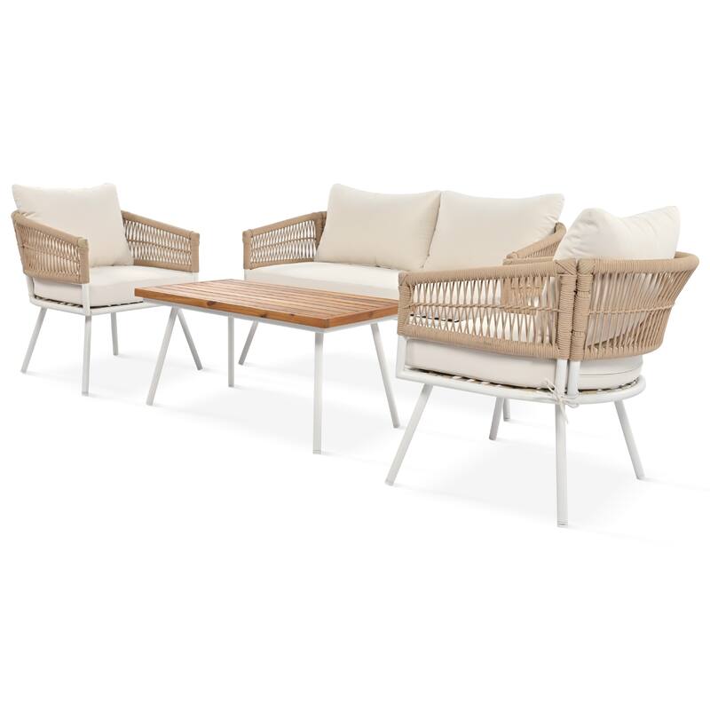 Outdoor 4-Piece Rope Conversation Sofa Set with Acacia Cool Bar Table & Armchairs