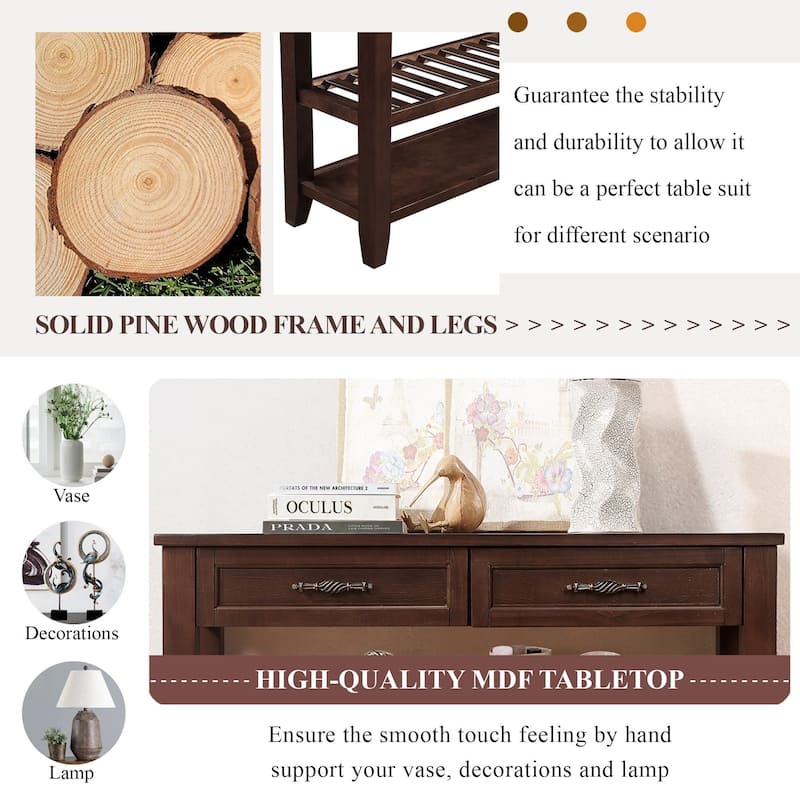 Mid-Century Style Console Sofa Table Solid Wood Buffet Sideboard with 2 Storage Drawers and 2 Tiers Shelves