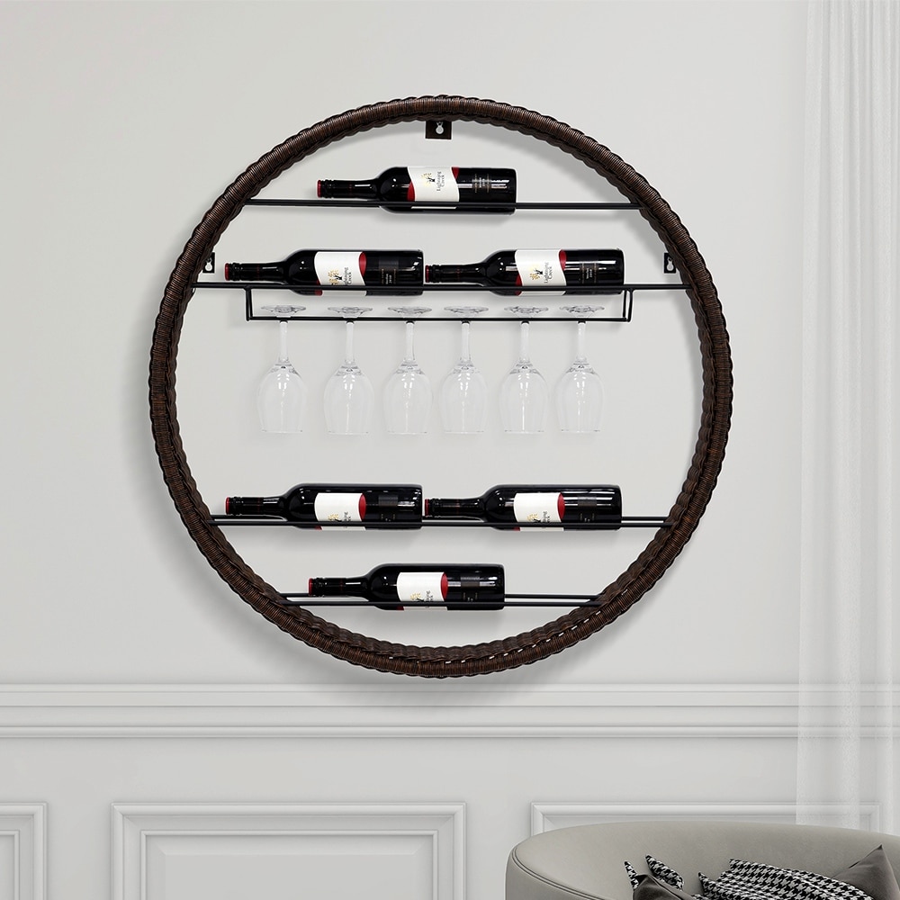 Maypex 6 Bottle Wall Mounted Wicker Wine Bottle and Glass Rack