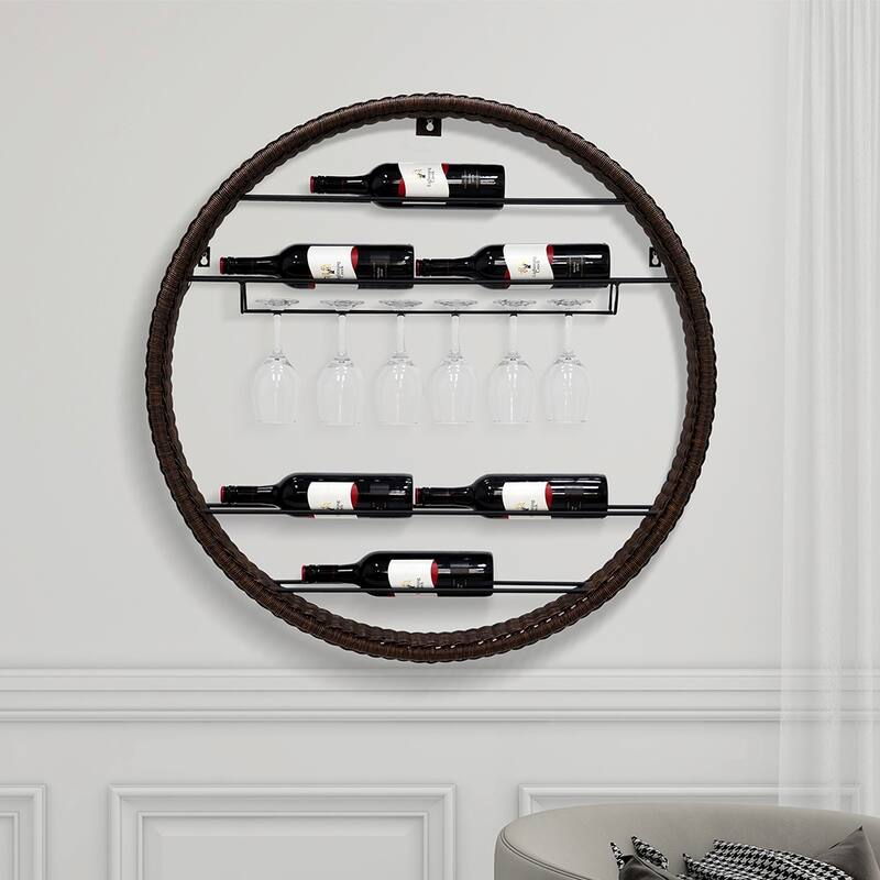 Maypex 6 Bottle Wall Mounted Wicker Wine Bottle and Glass Rack