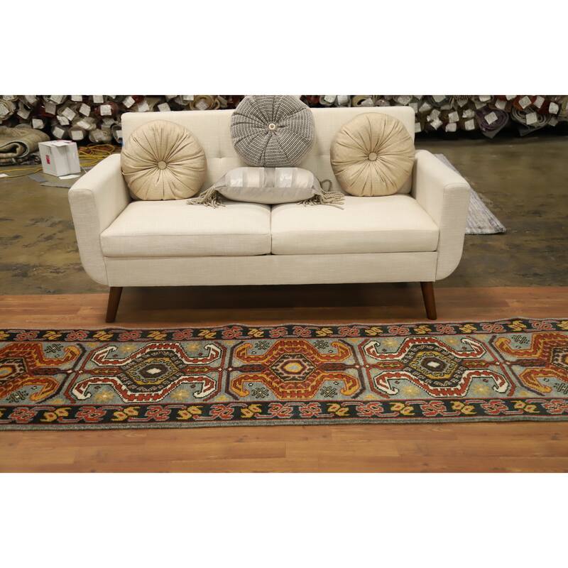 Hand Knotted Oriental 100% Wool Carpet Traditional Geometric Oranges & Rust Kazak Runner Rug - 9' 9'' X 2' 6''