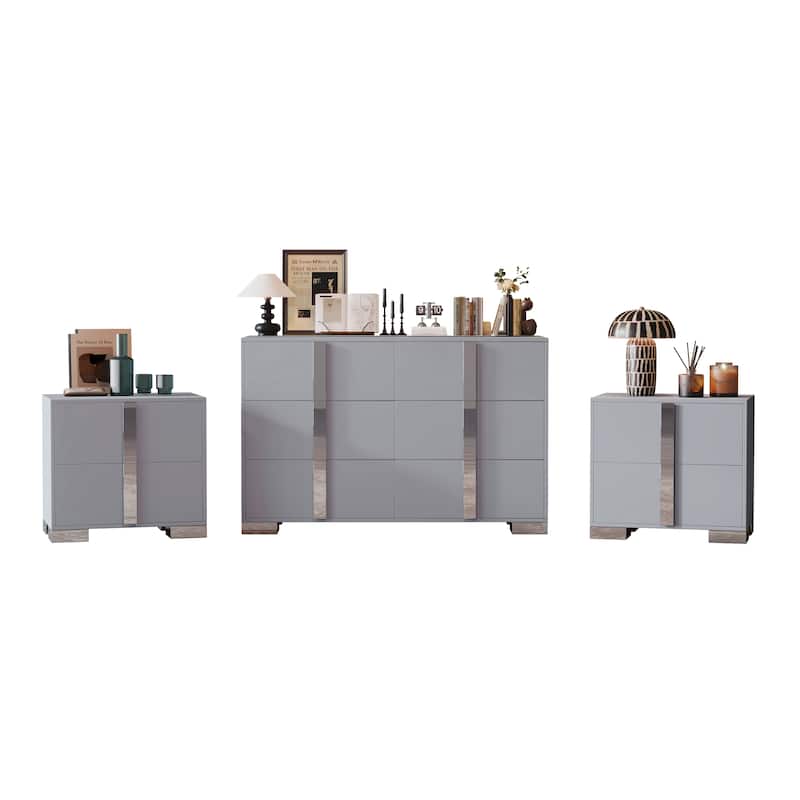 Roomfitters 3-Piece Bedroom Set, Elegant 6-Drawer Dresser and 2 Nightstands with Metal Handles