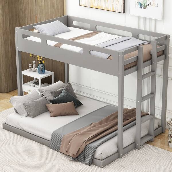 slide 2 of 11, Gray Twin over Full Solid Wood Bunk Bed with Built-in Ladder Gray