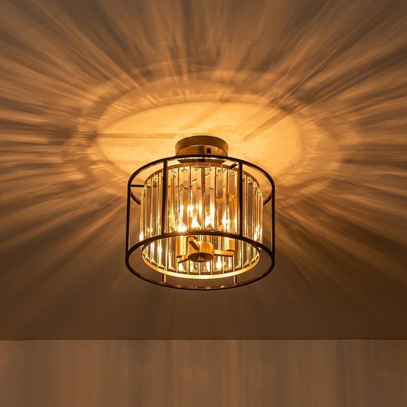 3-Light Crystal Black and Brass Drum Semi-flush Ceiling Light - 14.0in