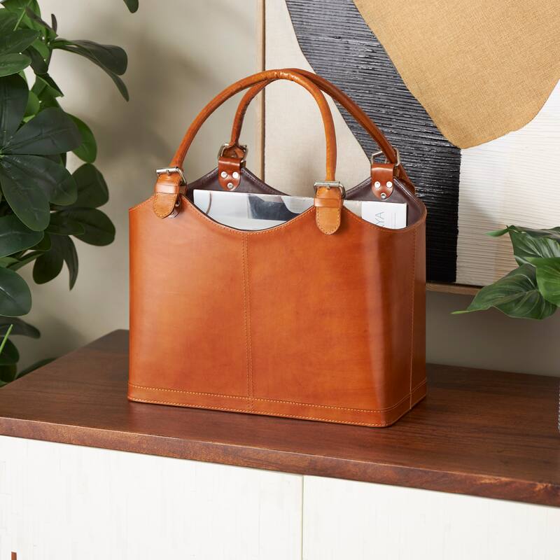 Leather Handmade Box Style Single Slot Magazine Holder with Detail Stitching and Handles - Brown or Black - Roche River Decor