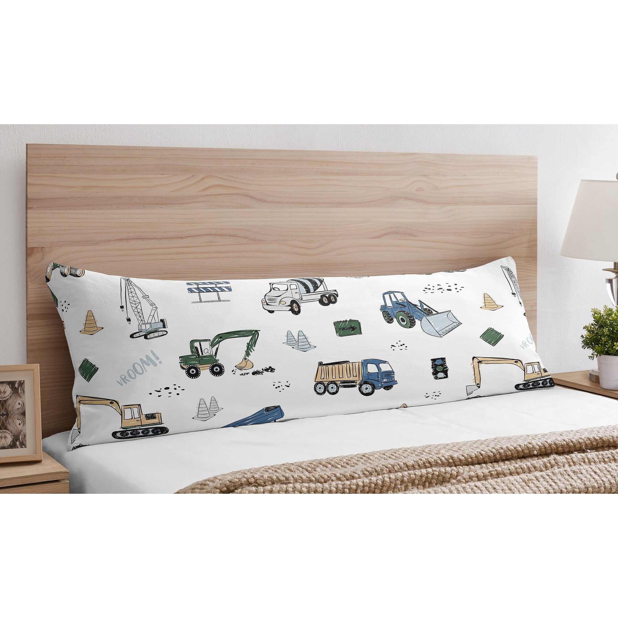 Sweet Jojo Designs Construction Truck Body Pillow Case Cover Grey Yellow Black Blue And Green Transportation